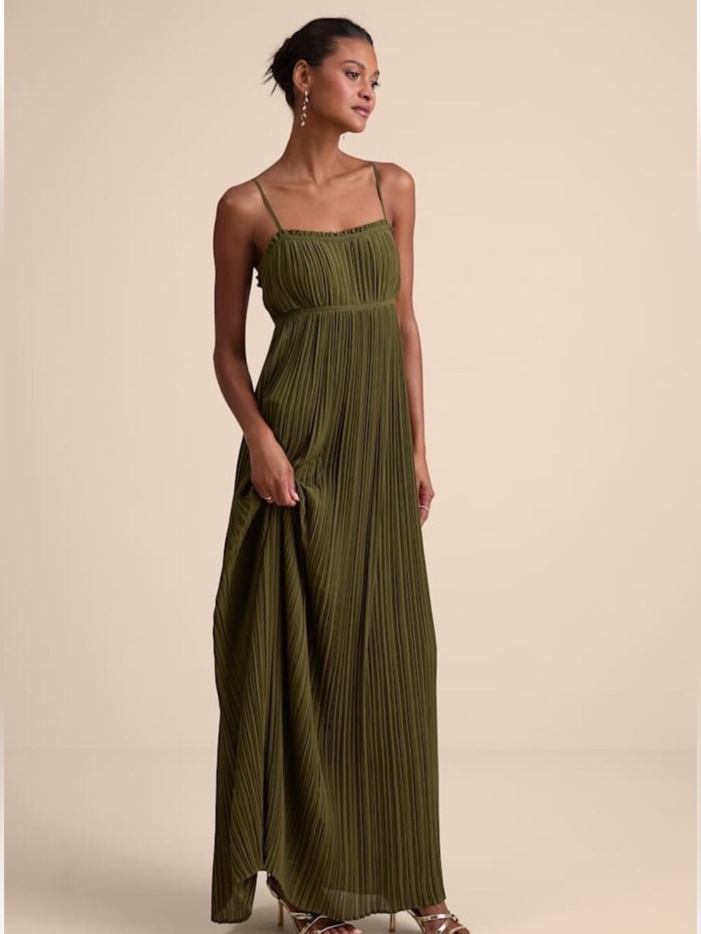Olive Green Pleated Maxi Dress - Women's Spaghetti Strap